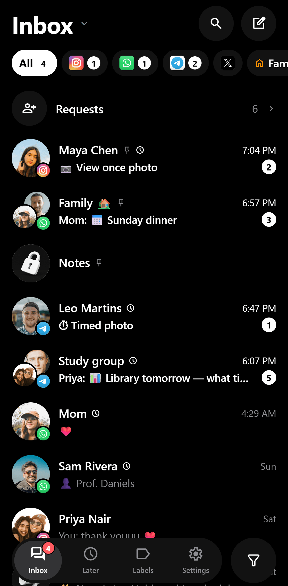The inbox, with chats from every app