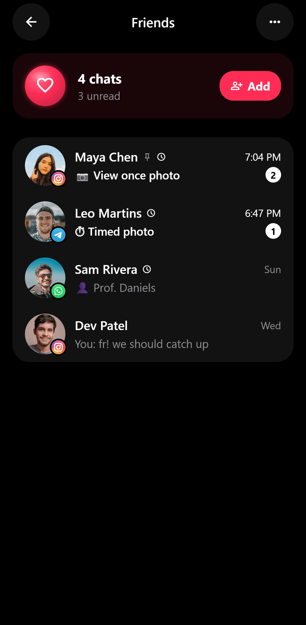 The Friends label: chats from Instagram, Telegram and WhatsApp together